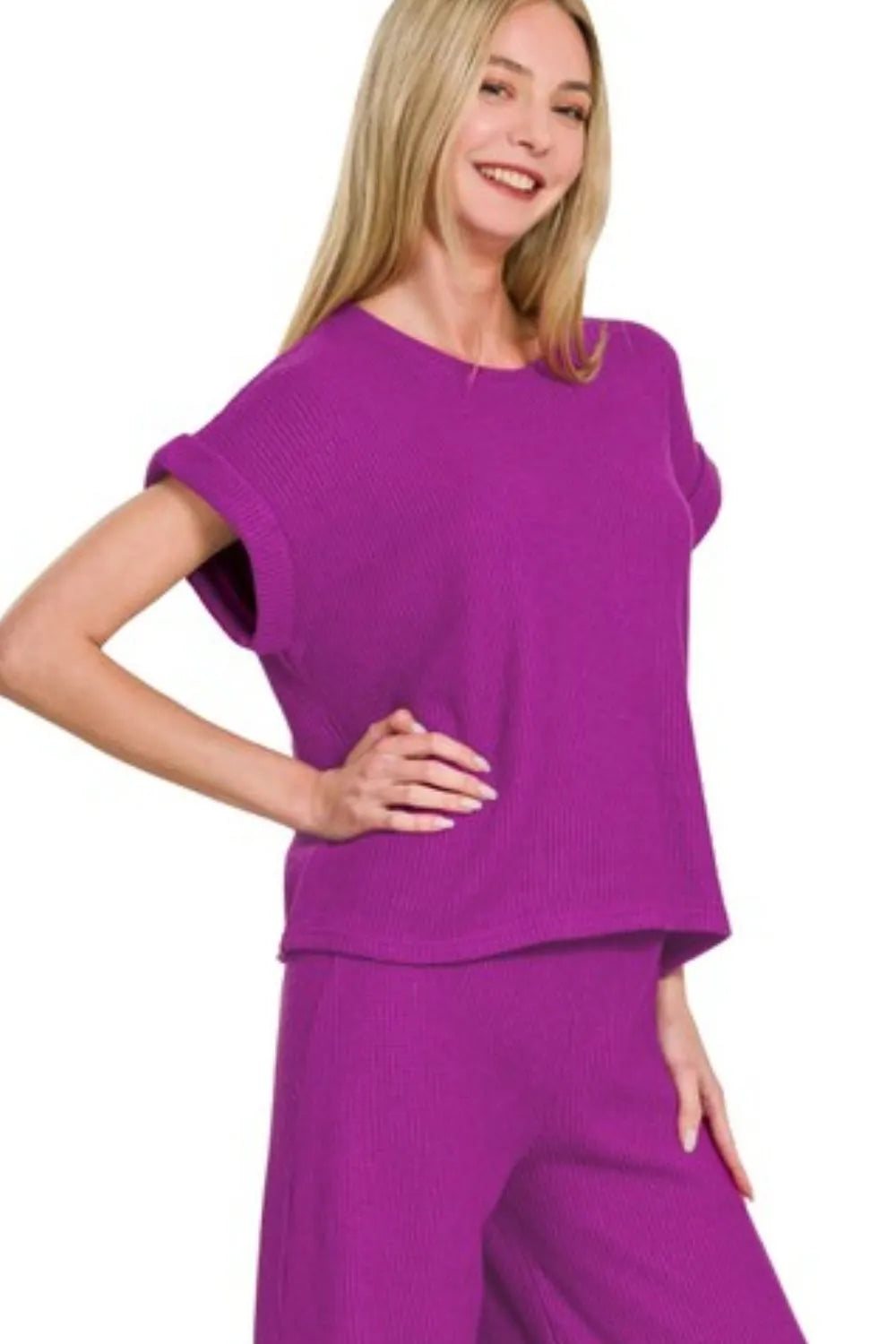 Zenana Rolled Sleeve Top and Pants Sweater Set - Fashorio