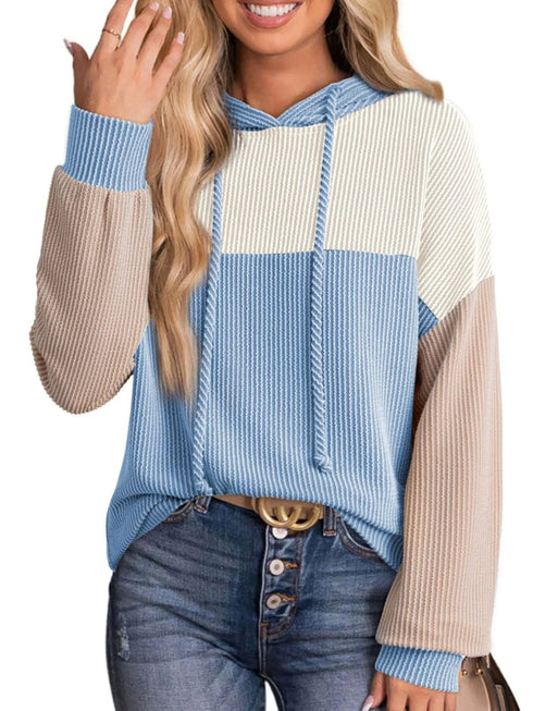 Drawstring Color Block Long Sleeve Hoodie Sky Blue - Fashorio