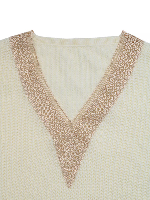 Openwork V-Neck Long Sleeve Sweater - Fashorio