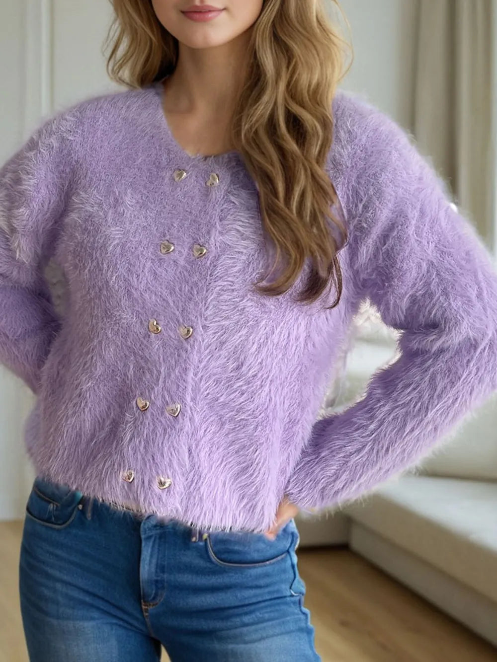 Heart Button Round Neck Cardigan - Fashorio