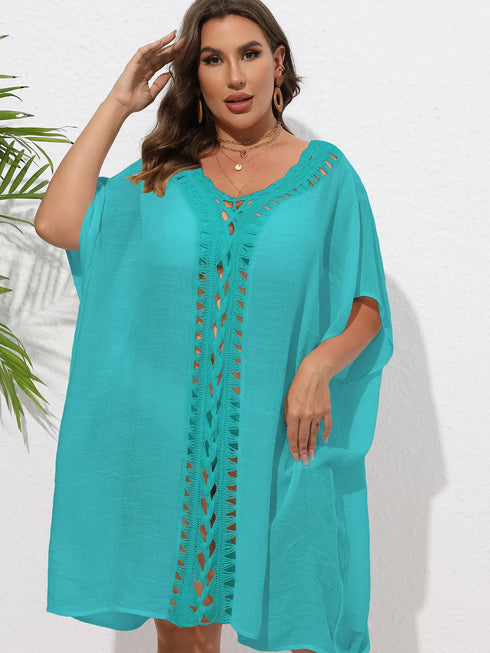 Crochet Trim V-Neck Beach Cover Up Dress Green One Size - Fashorio