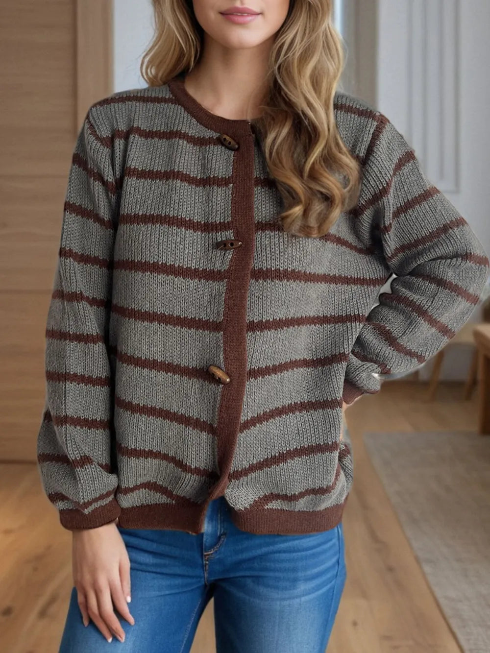 Striped Round Neck Long Sleeve Cardigan - Fashorio