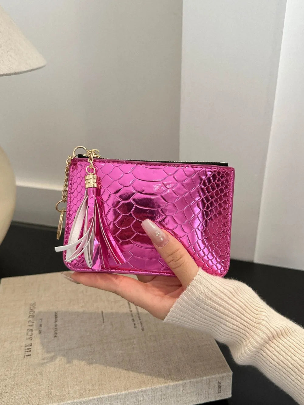 PU Leather Tassel Trim Card Case Hot Pink One Size - Fashorio
