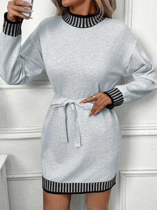 Striped Trim Tie Waist Sweater Dress Light Gray - Fashorio