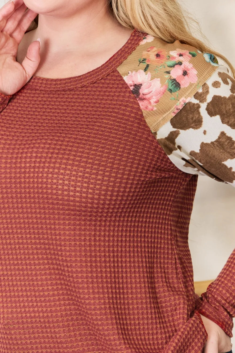 Hailey & Co Full Size Leopard Waffle-Knit Blouse - Fashorio