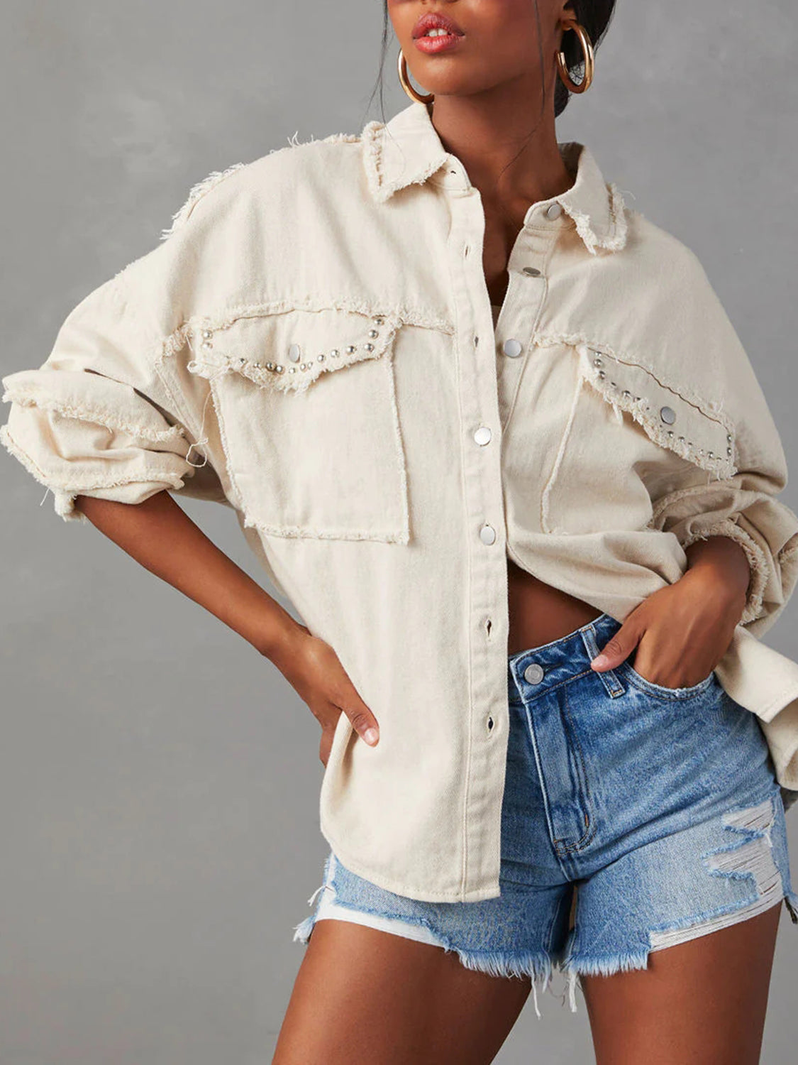 Button Down Raw Hem Denim Jacket - Fashorio