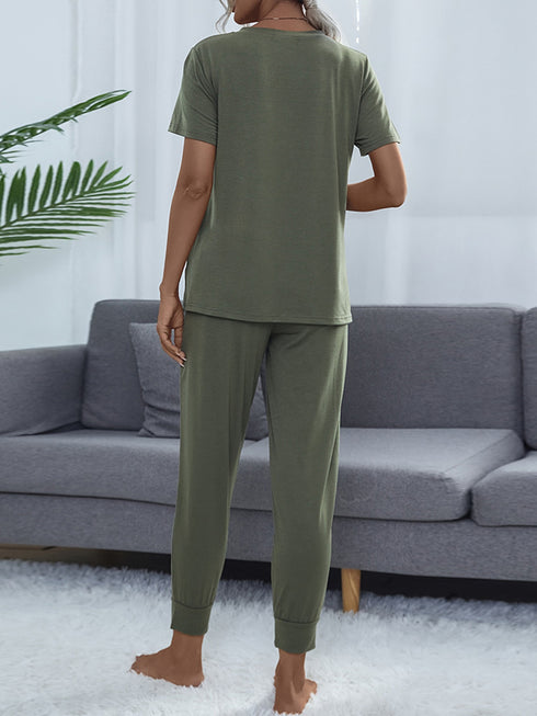 Shiny Round Neck Short Sleeve Top and Pants Set - Fashorio