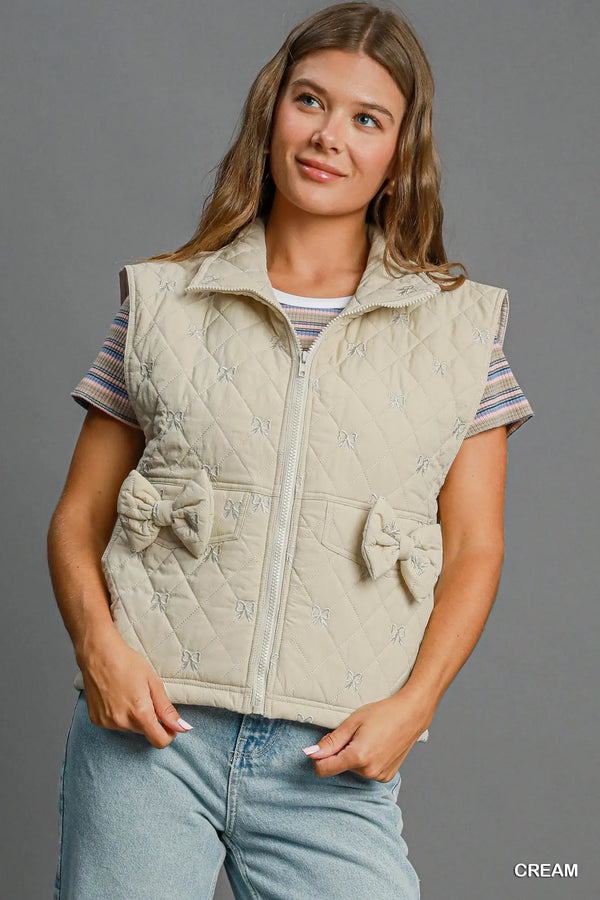 Umgee Sleeveless Quilted Vest with Bow Details CREAM - Fashorio