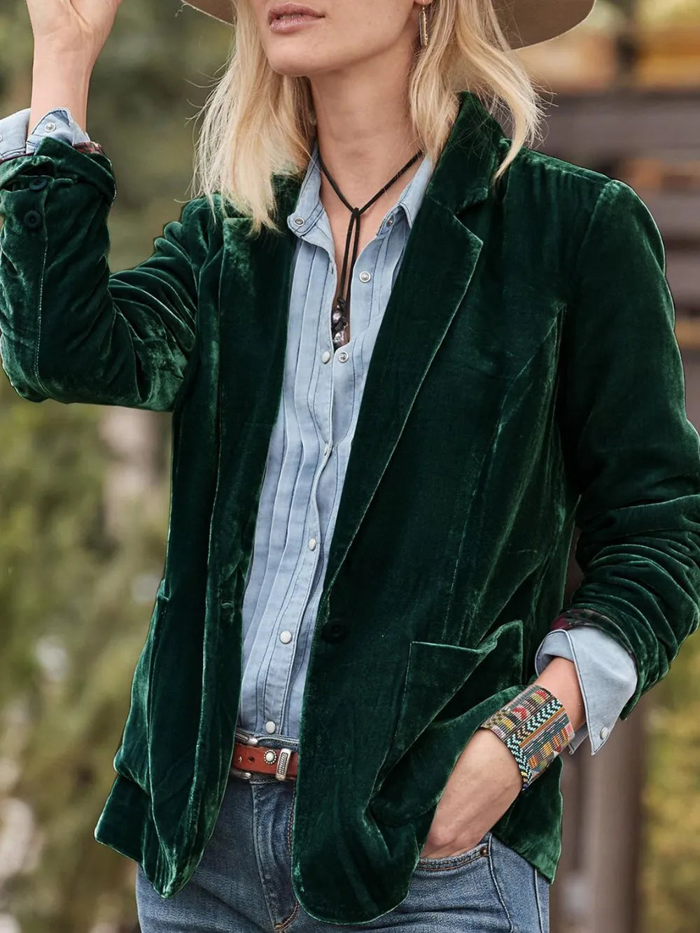Pocketed Button Up Lapel Collar Blazer Dark Green - Fashorio