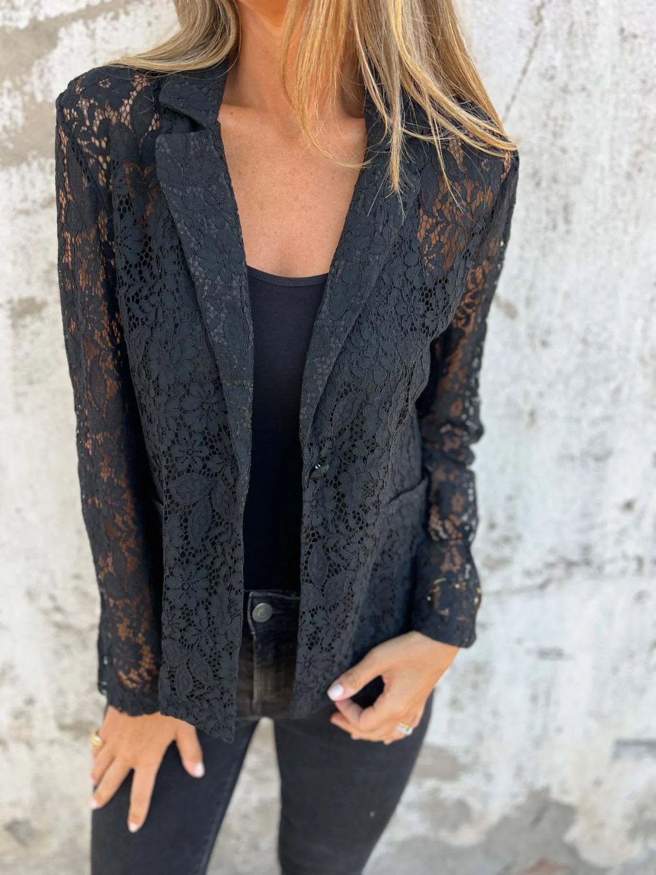 Full Size Lace Open-Front Blazer Plus Size - Fashorio