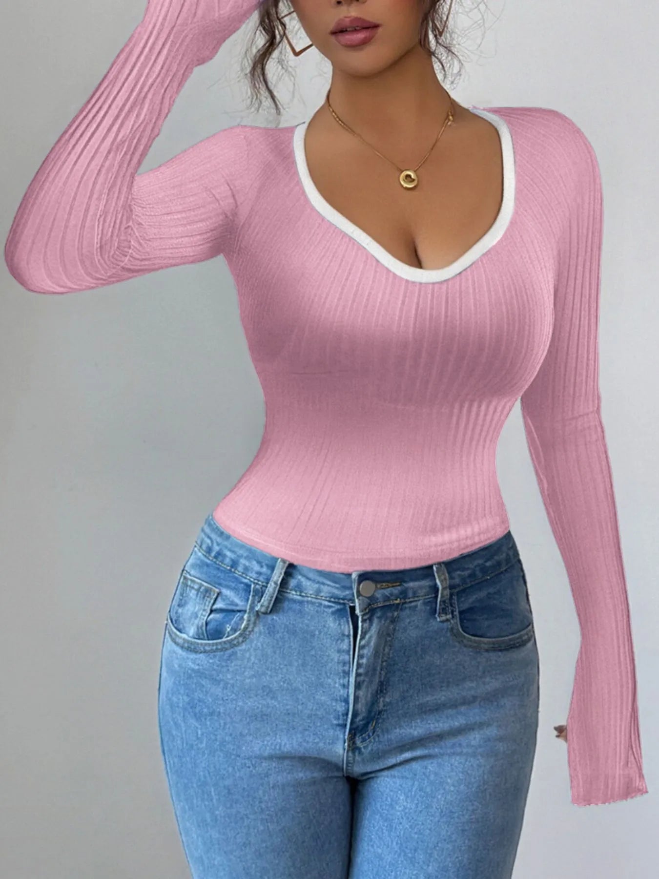 Contrast Trim Long Sleeve T-Shirt - Fashorio