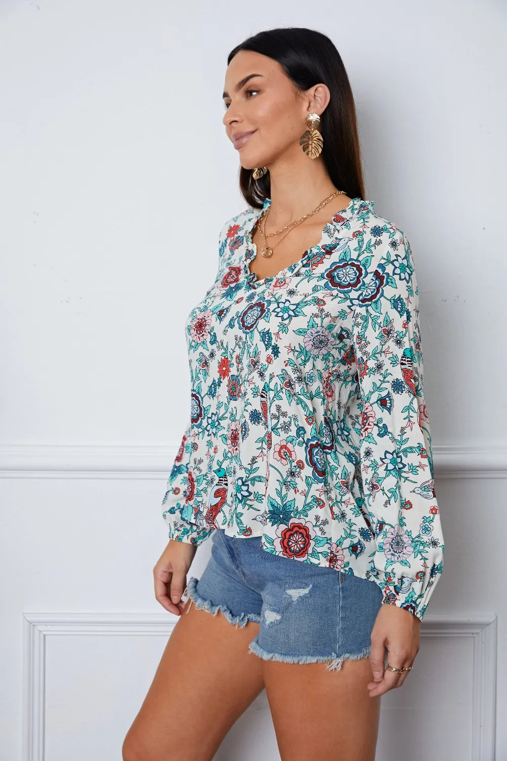 Floral Notched Long Sleeve Blouse - Fashorio