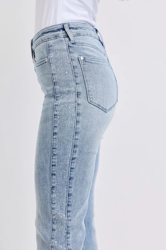 Judy Blue Full Size Mid Rise Rhinestone Side Panel Detail Flare Jeans Plus Size - Fashorio
