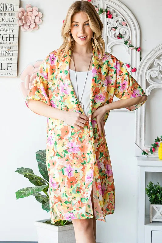 Heimish Full Size Half Sleeve Multi Color Floral Open Cardigan Plus Size - Fashorio