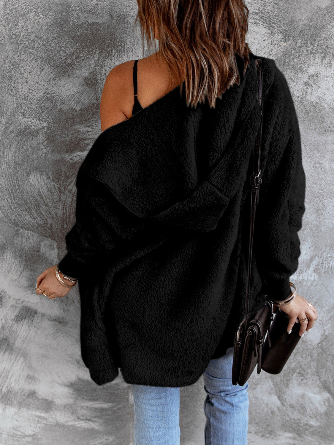Open Front Hooded Faux Fur Outwear with Pockets - Fashorio