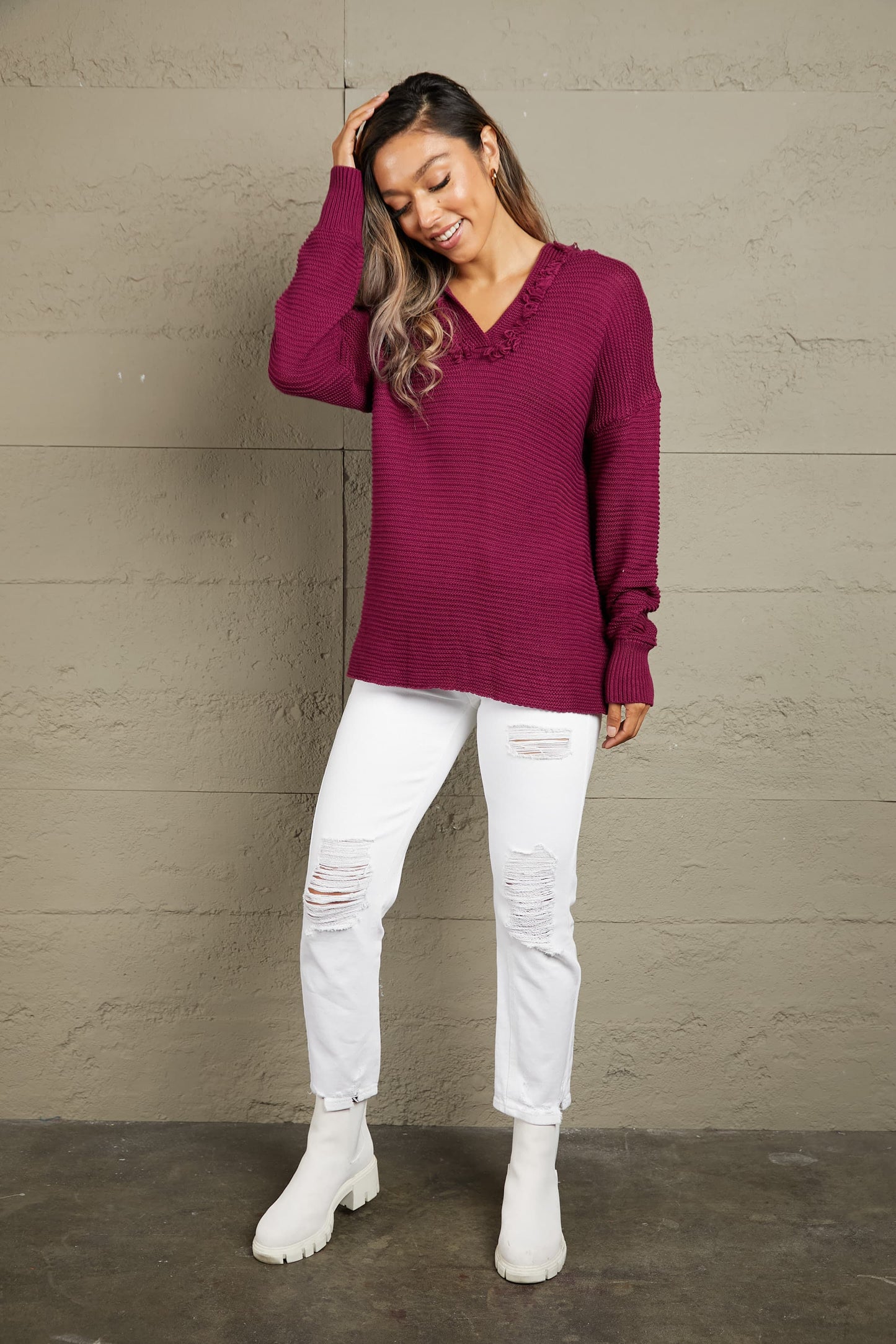 Woven Right Horizontal Ribbing Fringe Trim Hooded Sweater - Fashorio