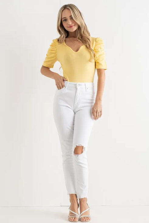 And The Why Shirring Puff Sleeve Bodysuit - Fashorio