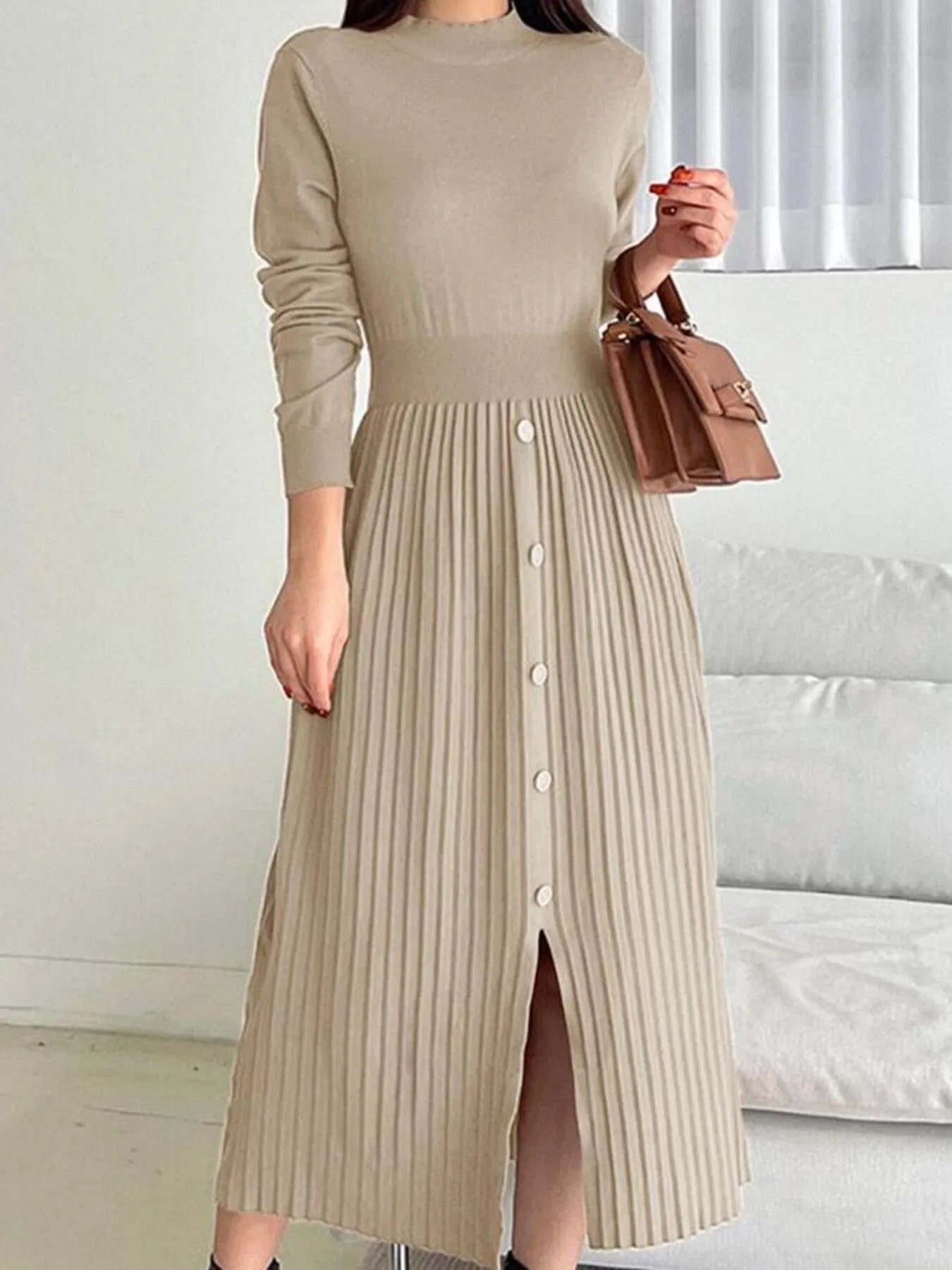 Slit Front Mock Neck Long Sleeve Knit Dress Apricot - Fashorio