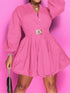 Notched Button Up Balloon Sleeves Dress - Fashorio