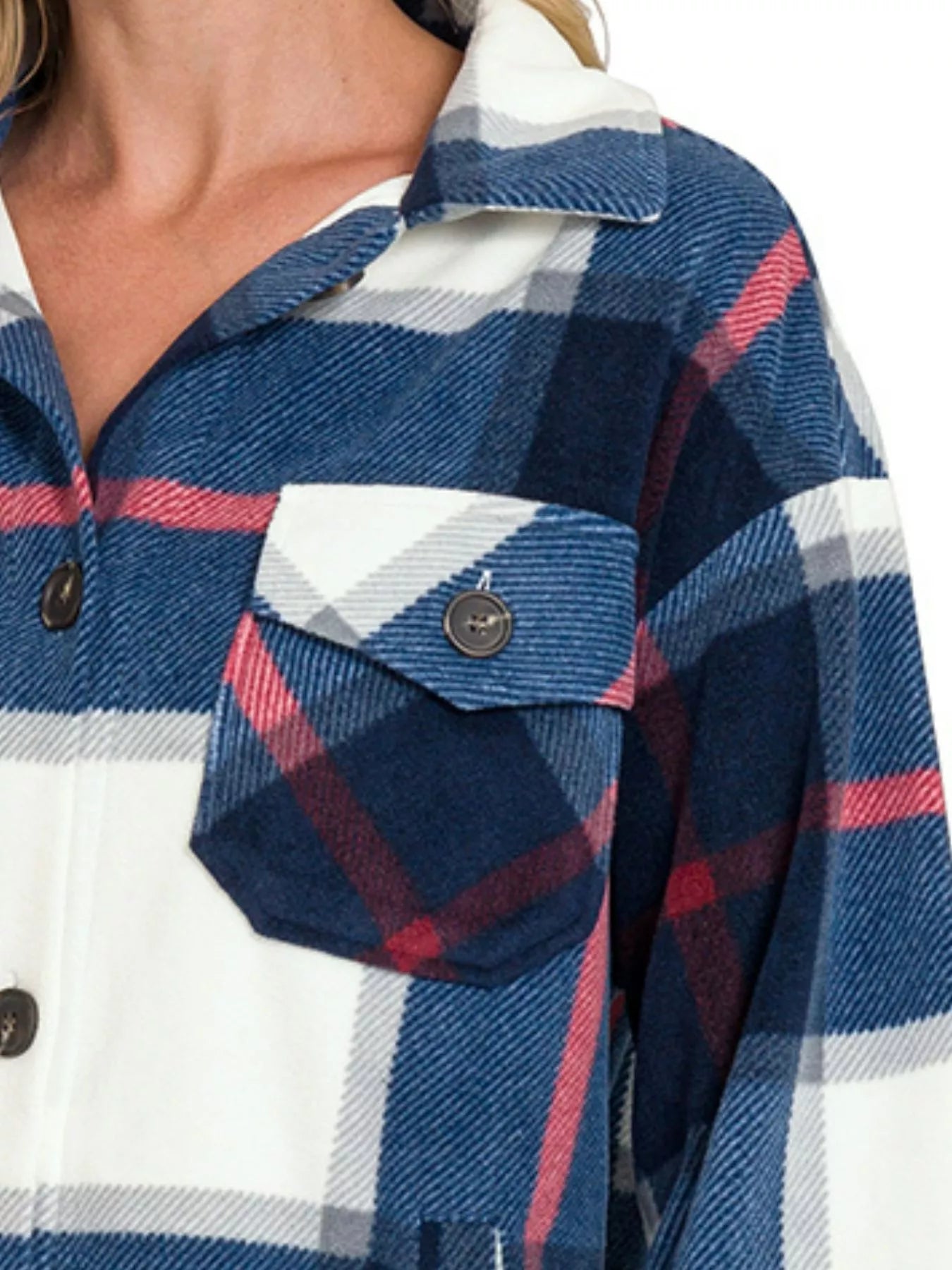 Oversized Plaid Fleece Shacket with Chest Pockets - Fashorio