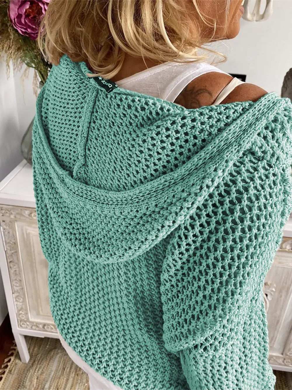 Openwork Hooded Long Sleeve Sweater - Fashorio