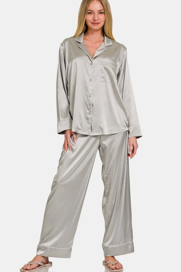 Zenana Satin Long Sleeve Shirt and Pants Pajama Set Silver - Fashorio