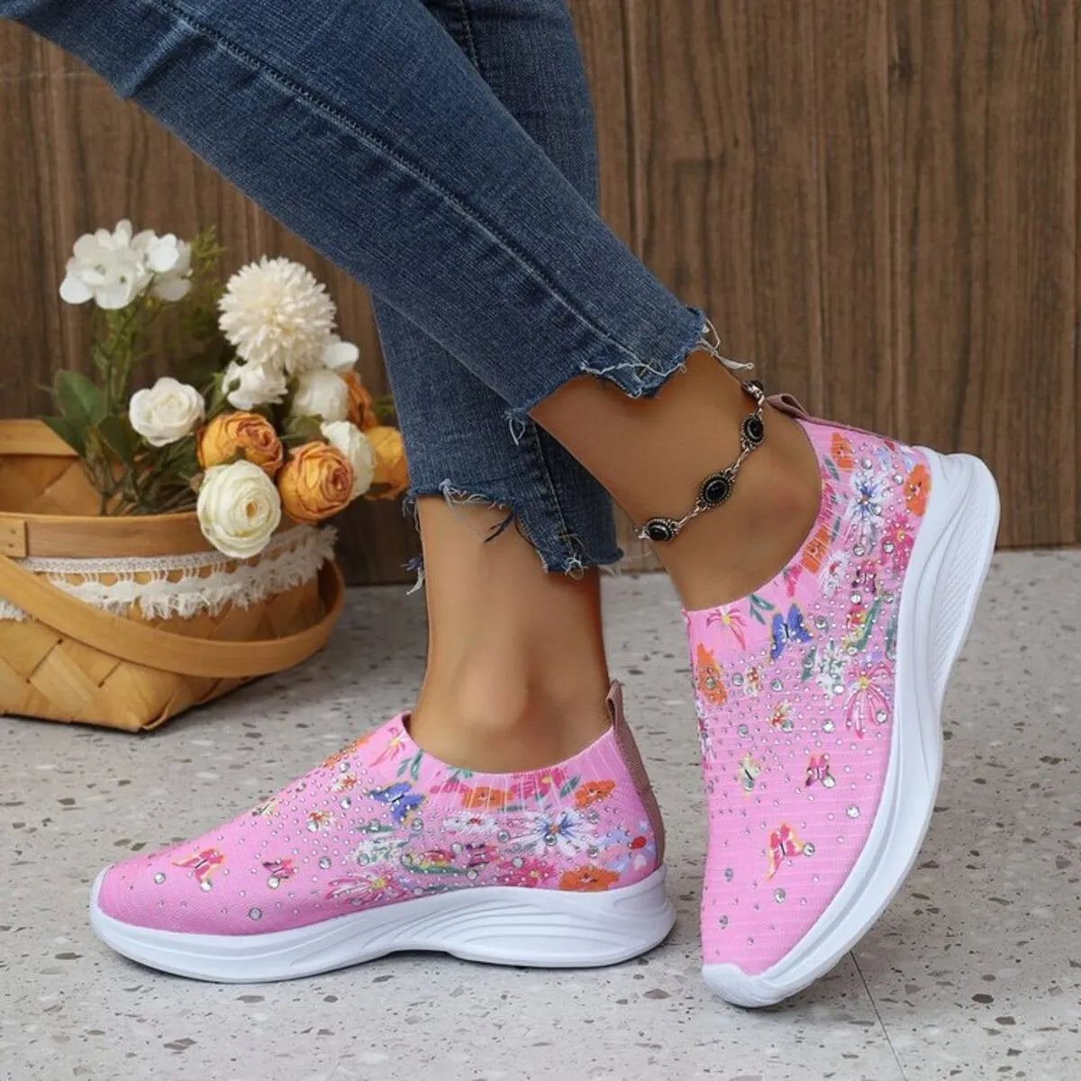 Rhinestone Floral Print Sneakers - Fashorio