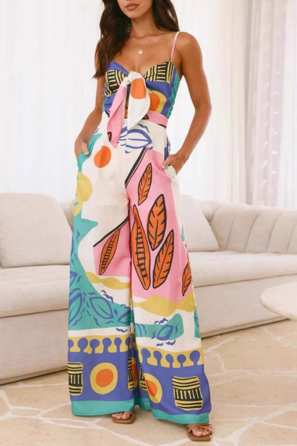 Printed Wide Leg Cami Jumpsuit Blue - Fashorio