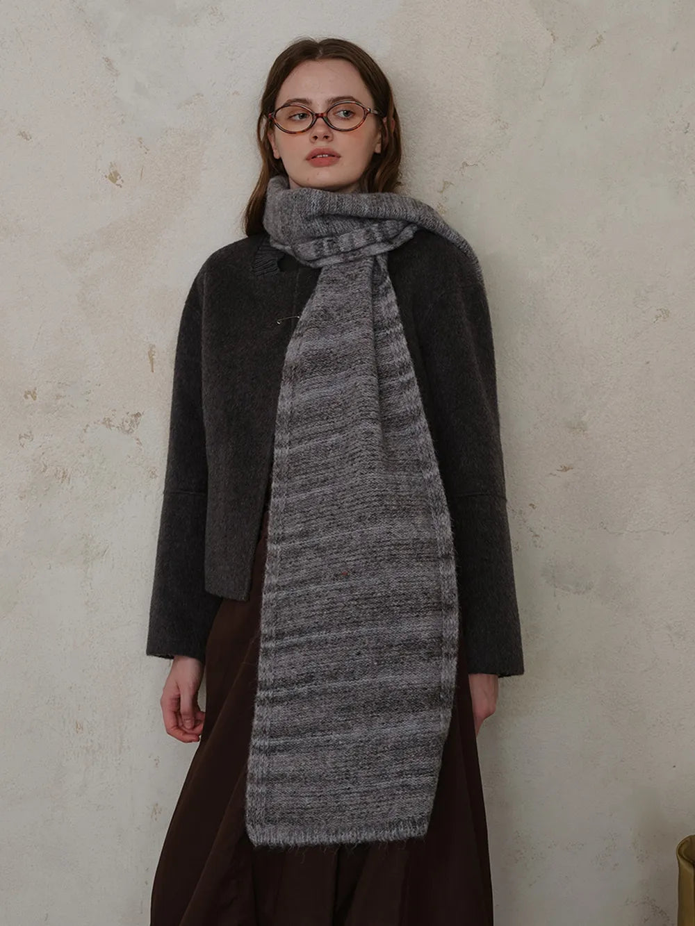 Striped Detail Knit Scarf Dark Gray One Size - Fashorio