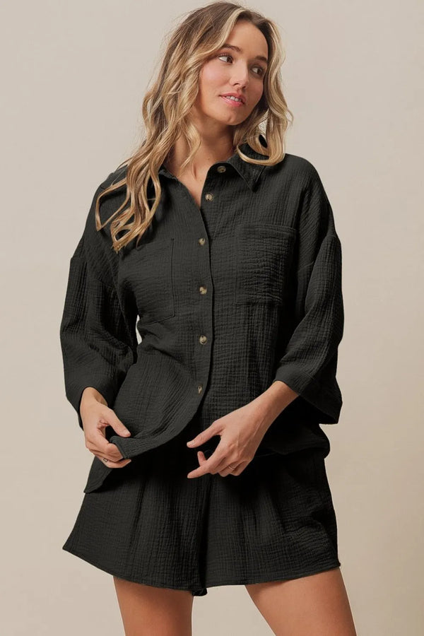 BiBi Crinkle Gauze Shirt and Short Set BLACK - Fashorio