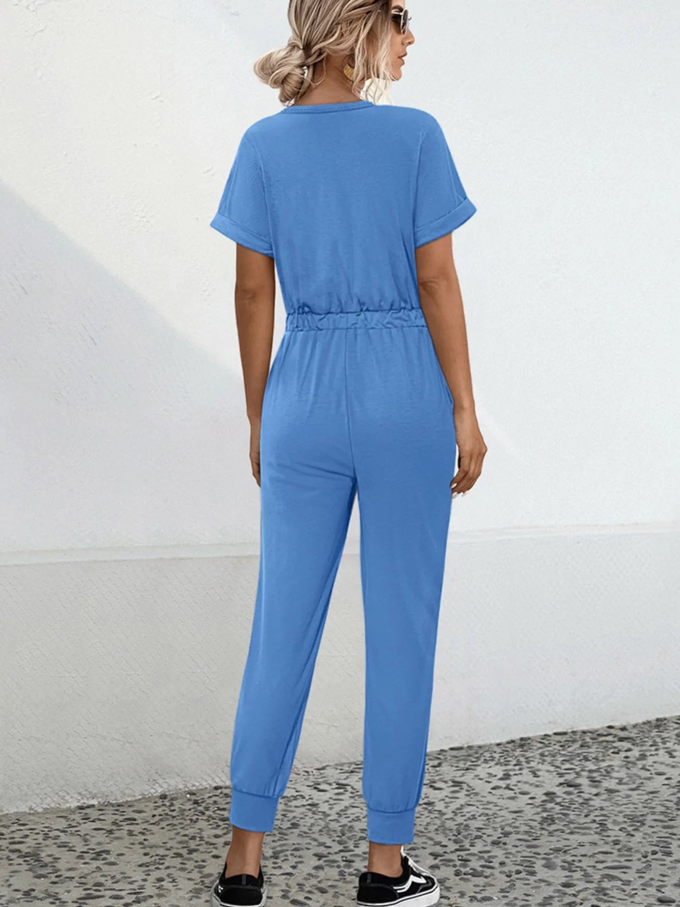 Drawstring Waist Short Sleeve Jumpsuit - Fashorio