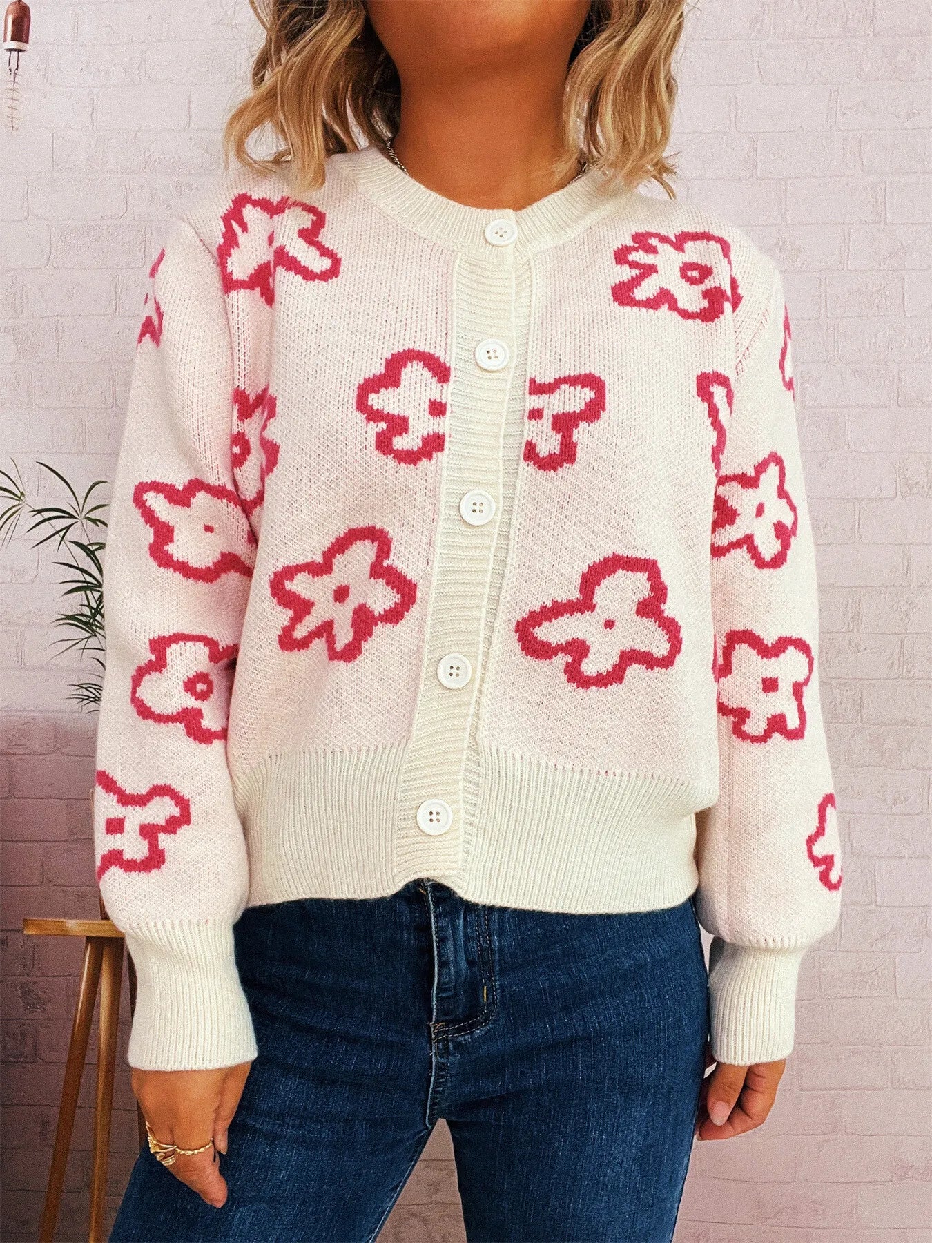 Floral Pattern Button-Up Cardigan - Fashorio