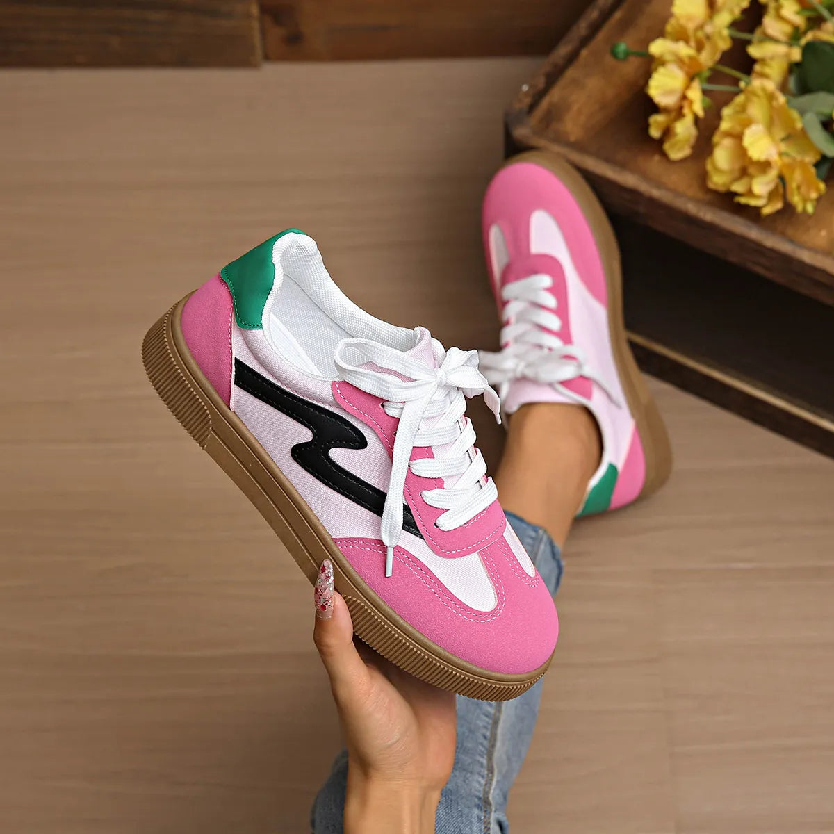 Round Toe Lace Up Sneakers Pink - Fashorio