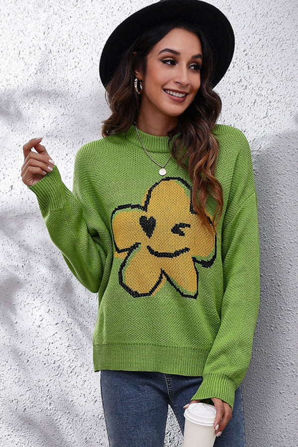 Flower Graphic Drop Shoulder Sweater Yellow-Green - Fashorio
