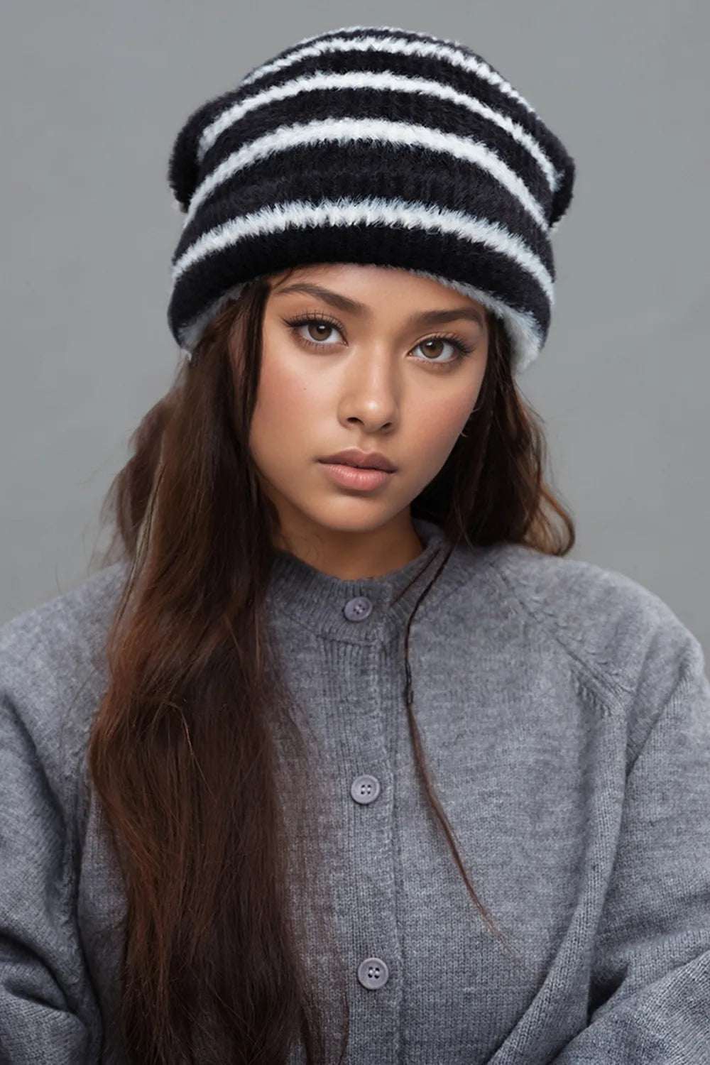 Fuzzy Contrast Striped Thermal Hat Black One Size - Fashorio