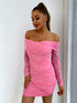 Glitter Ruched Off-Shoulder Long Sleeve Bodycon Dress Pink - Fashorio