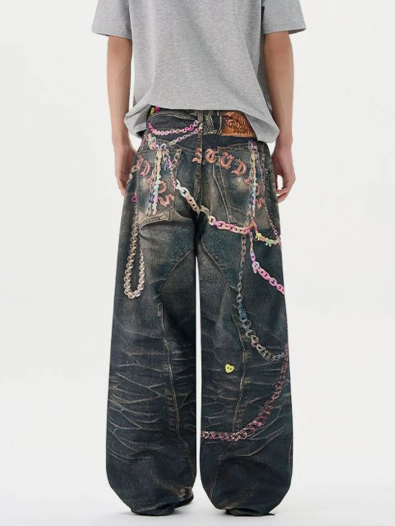 Men's Printed Washed Distressed Wide Leg Jeans - Fashorio
