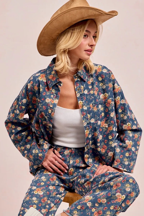BiBi Washed Floral Print Denim Jacket DENIM - Fashorio