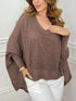 Crochet V-Neck Batwing Sleeves Oversized Sweater Coffee Brown - Fashorio