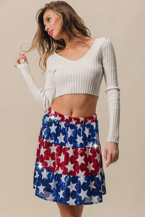 BiBi American Flag Theme Star Sequin Tiered Skirt - Fashorio