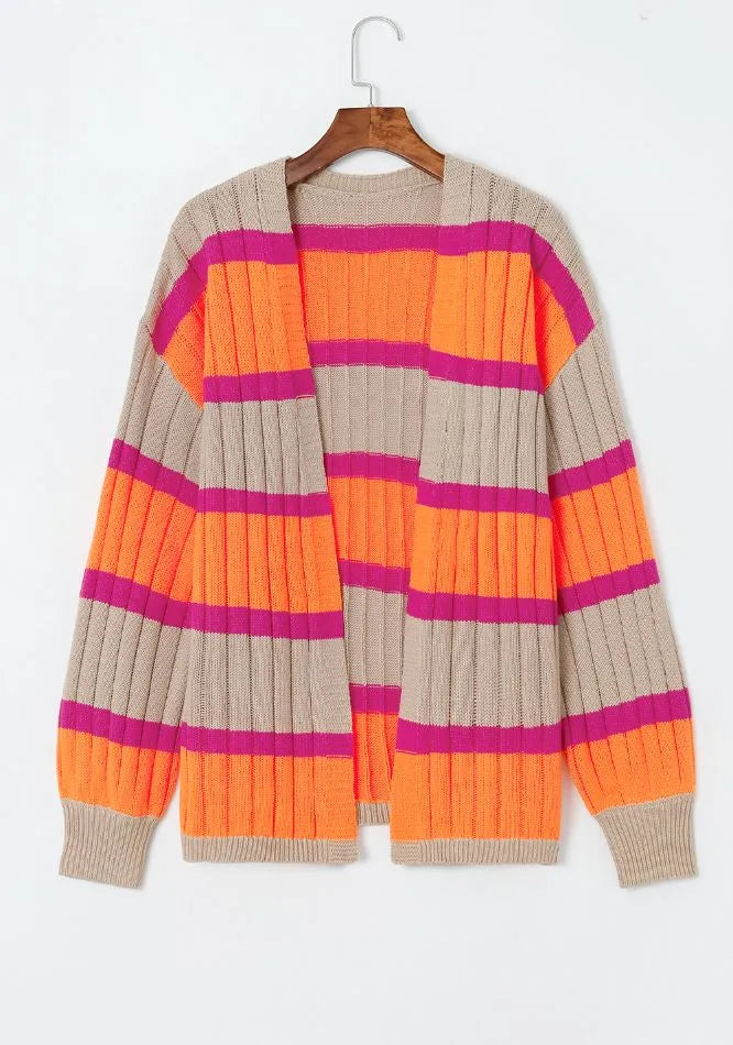 Contrast Striped Drop Shoulder Open Front Cardigan - Fashorio