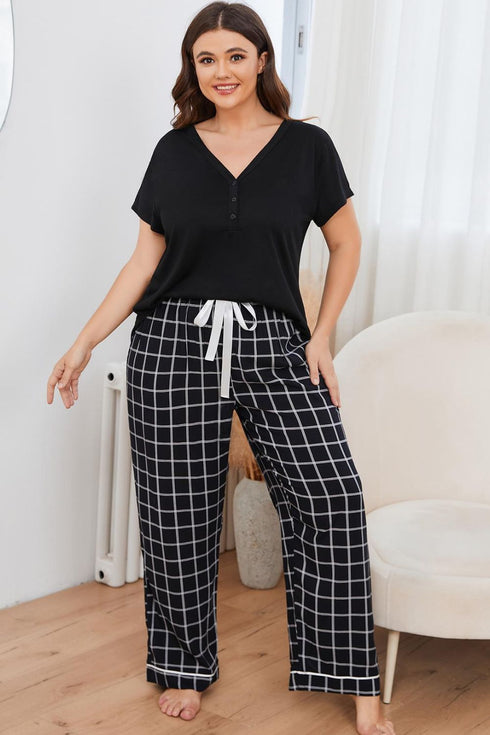 Plus Size V-Neck Top and Plaid Pants Lounge Set - Fashorio