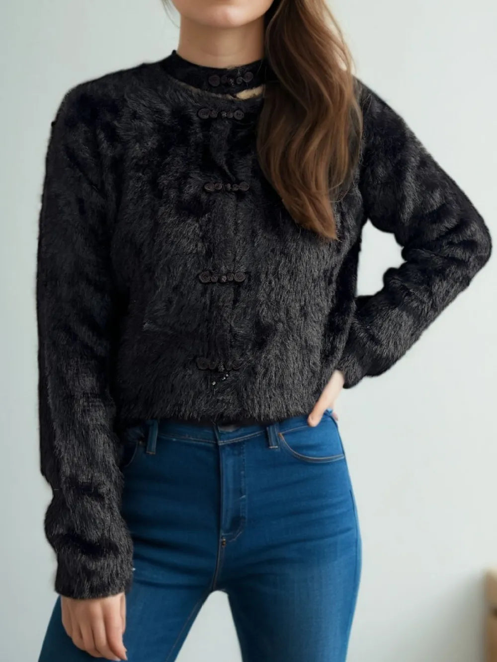 Cutout Knot Button Long Sleeve Cardigan - Fashorio