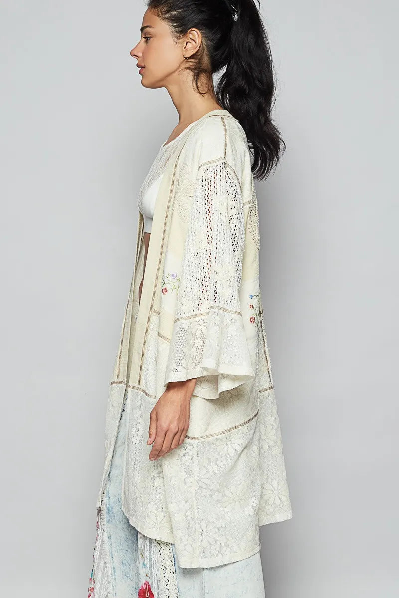 POL Double Gauze and Lace Mix Cardigan with Embroidered Detail - Fashorio