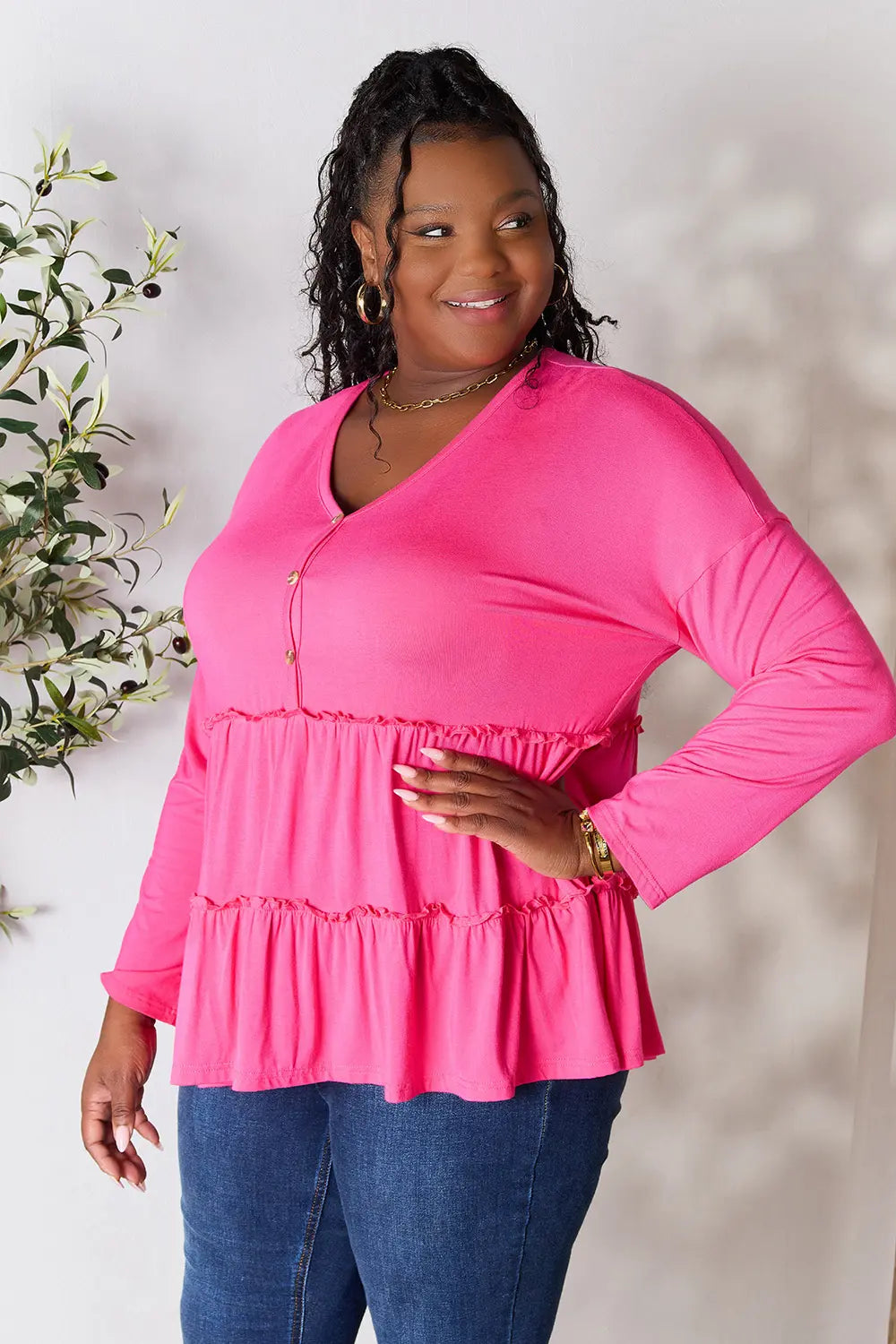 Double Take Half Button Long Sleeve Ruffle Hem Blouse - Fashorio