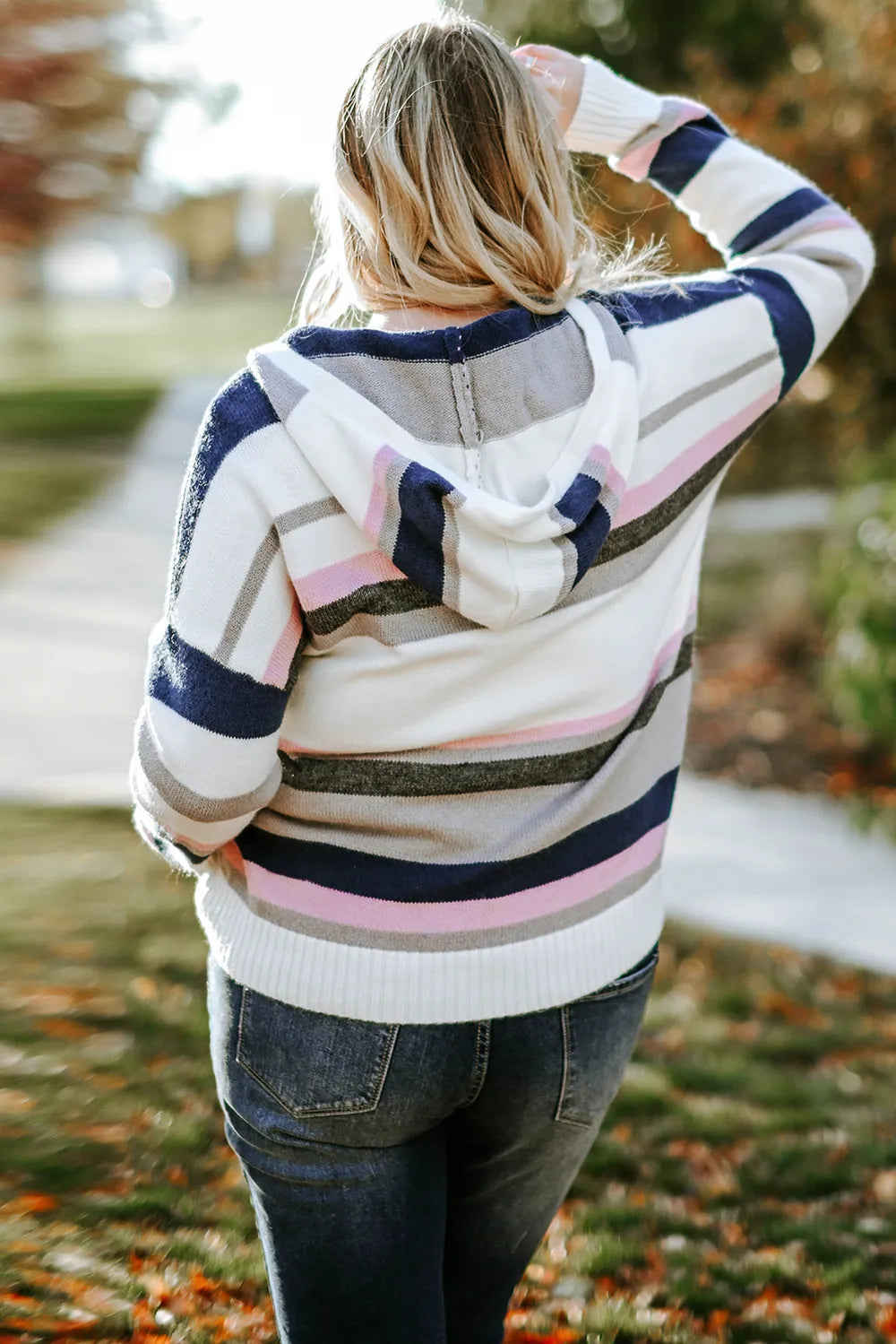 Plus Size Striped Long Sleeve Hooded Sweater - Fashorio