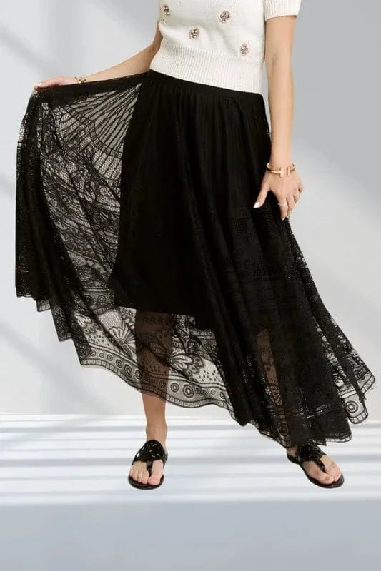 ADORA Elastic Waist Raw Hem Lace Maxi Skirt - Fashorio