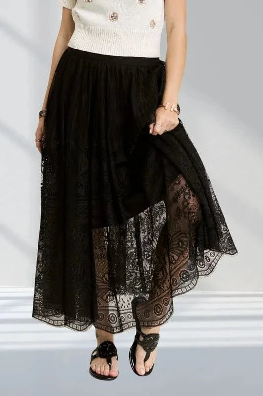 ADORA Elastic Waist Raw Hem Lace Maxi Skirt - Fashorio