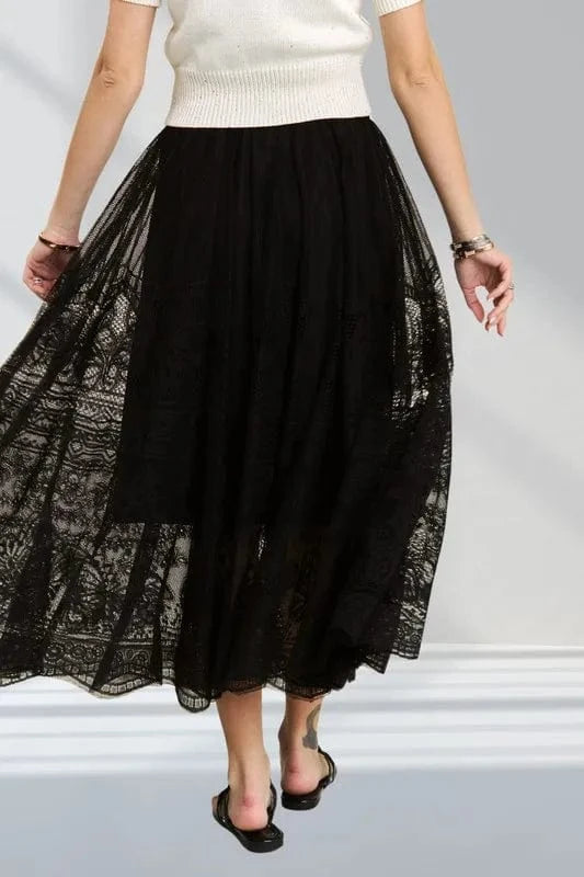ADORA Elastic Waist Raw Hem Lace Maxi Skirt - Fashorio