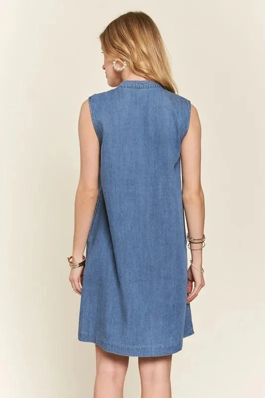 ADORA Notched Sleeveless Denim Dress with Pockets - Fashorio